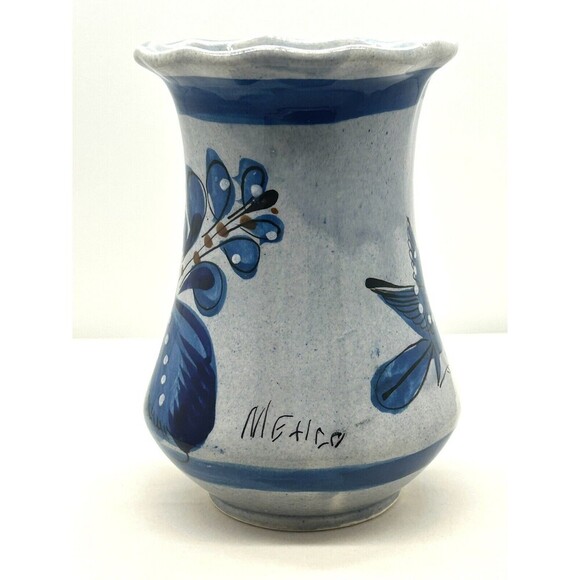 Vase 6" Tonala Mexican Pottery Blue Bird Flower Hand Painted - Mexico SKU GG350 - Picture 3 of 4